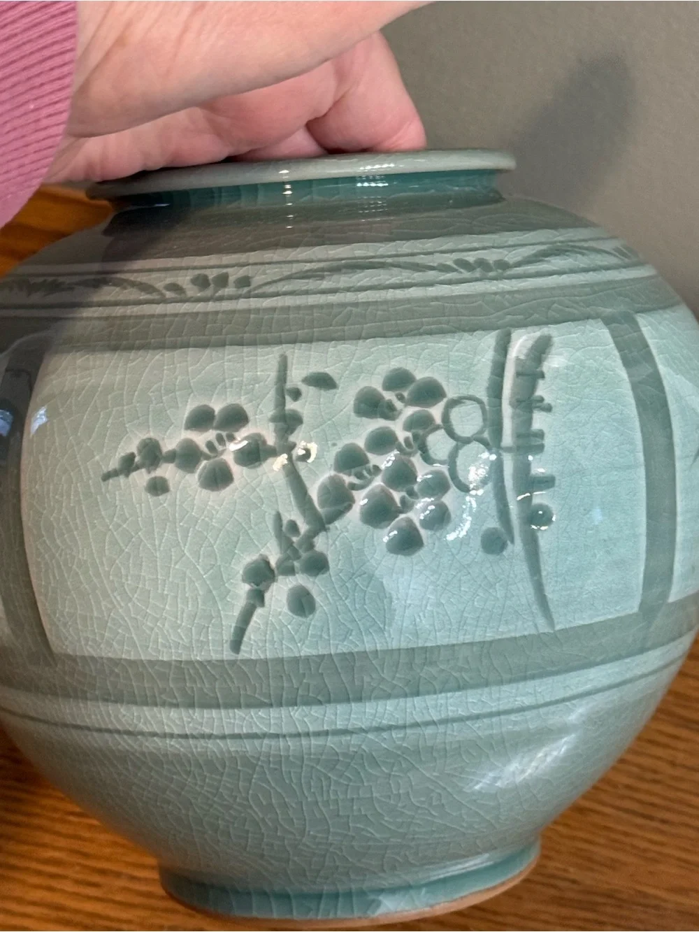 Korean Celadon Vase Green Floral Bamboo Design 7 inch tall x 22 inch Approx Dia